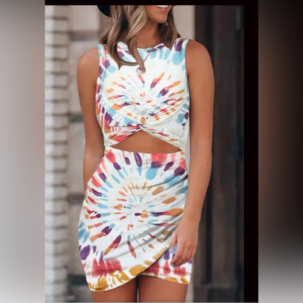 🔥DEAR LOVER Multicolor Tie Dye Print Hollow Out Wrap Tie Mini Dress🔥 NEW
